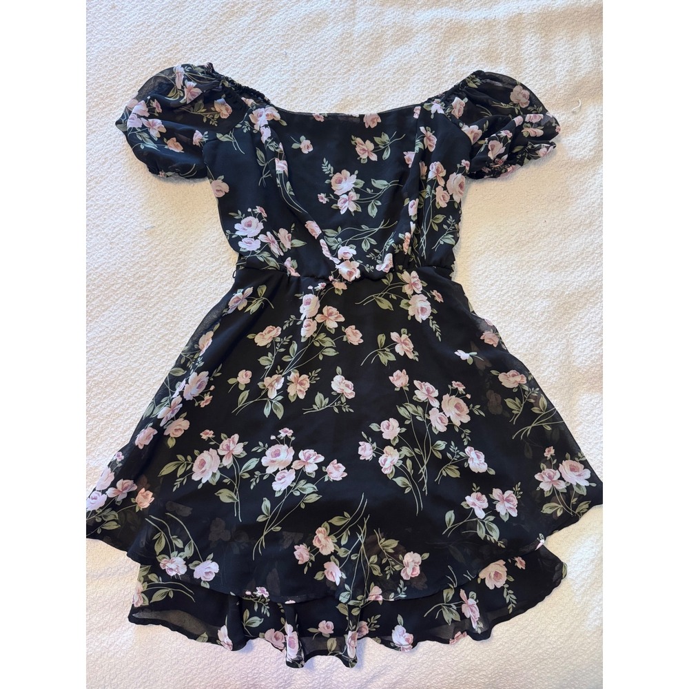 Lily Rose Black Pink Floral Smocked Mini Dress Short Puff Sleeve Tiered Ruffle M